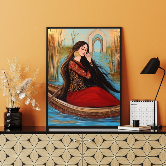 Elegance on the Water - Woman in Traditional Dress - Jeedar Art Gallery