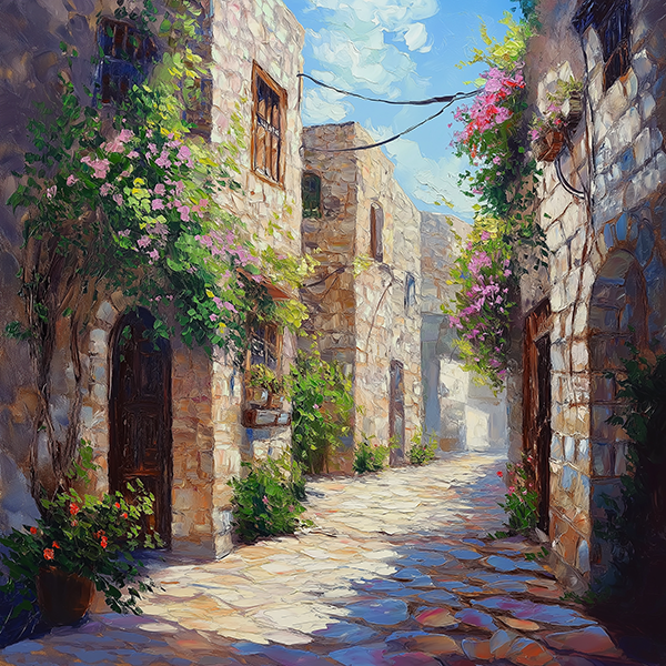 Sunlit Flower-Laden Street - Jeedar Art Gallery