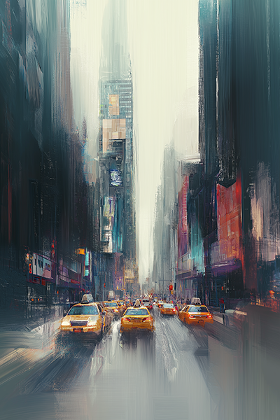 Rainy Cityscape with Yellow Taxis - Jeedar Art Gallery