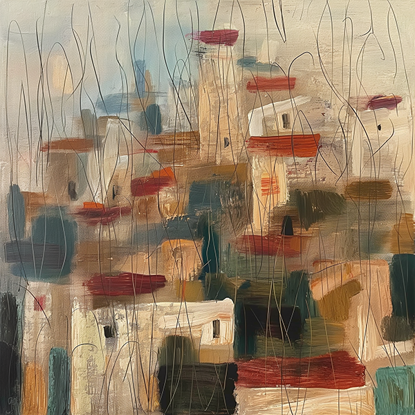 Abstract Hillside Village - Jeedar Art Gallery