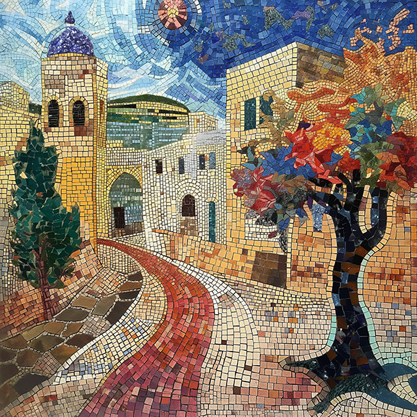 Colorful Street with Blooming Tree - Jeedar Art Gallery