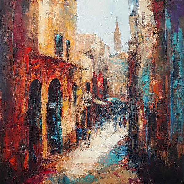 Sunlit Old Town Street - Jeedar Art Gallery