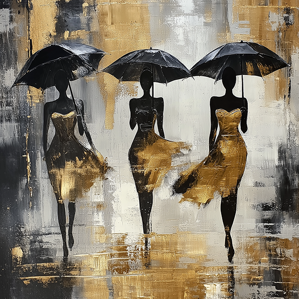 Golden Silhouettes Under Umbrellas