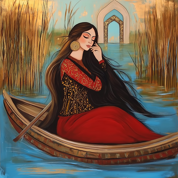 Elegance on the Water - Woman in Traditional Dress - Jeedar Art Gallery