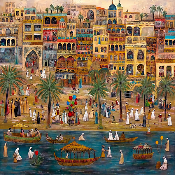 Bustling Waterfront in Old Baghdad - Jeedar Art Gallery