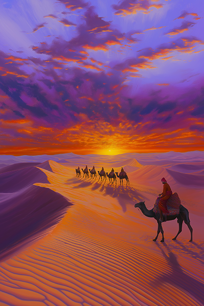 Sunset Caravan Journey - Jeedar Art Gallery