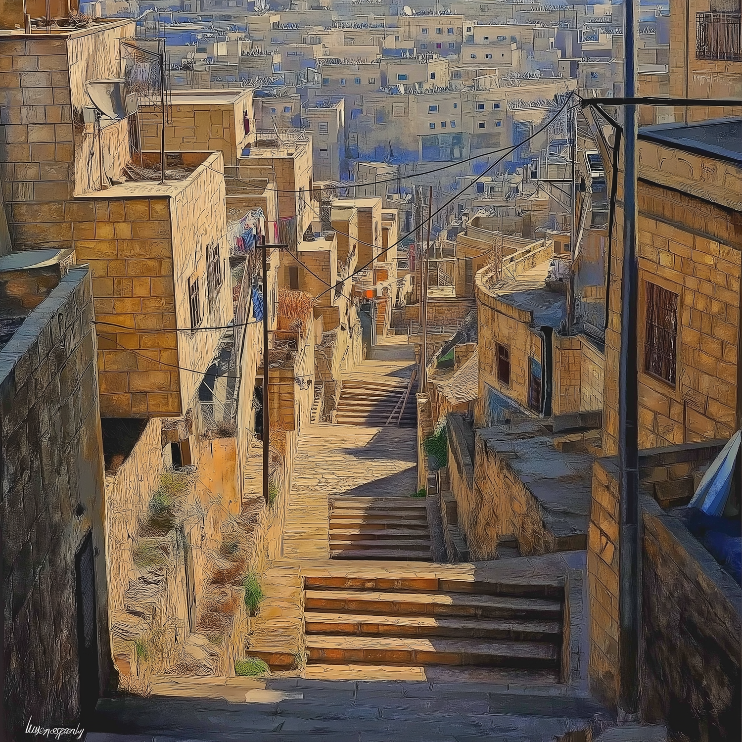 Sunlit Stairs of Amman - Jeedar Art Gallery