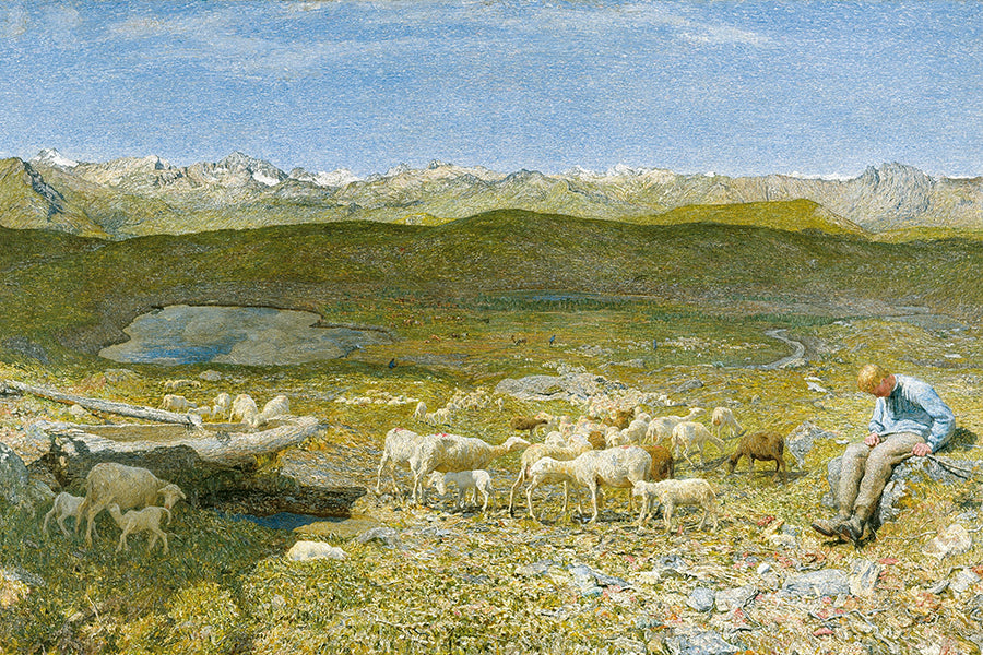 Shepherd and His Flock in the Alpine Valley