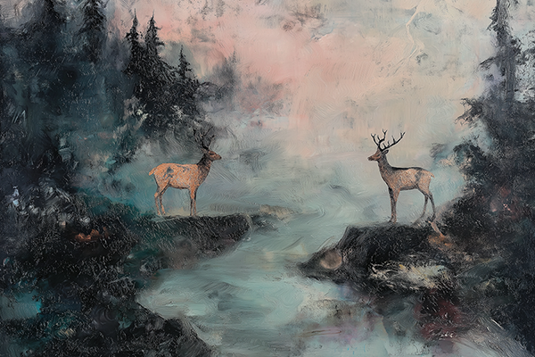 Stags in a Misty Forest