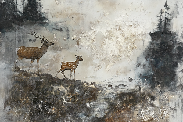 Deer with Fawn in the Mist