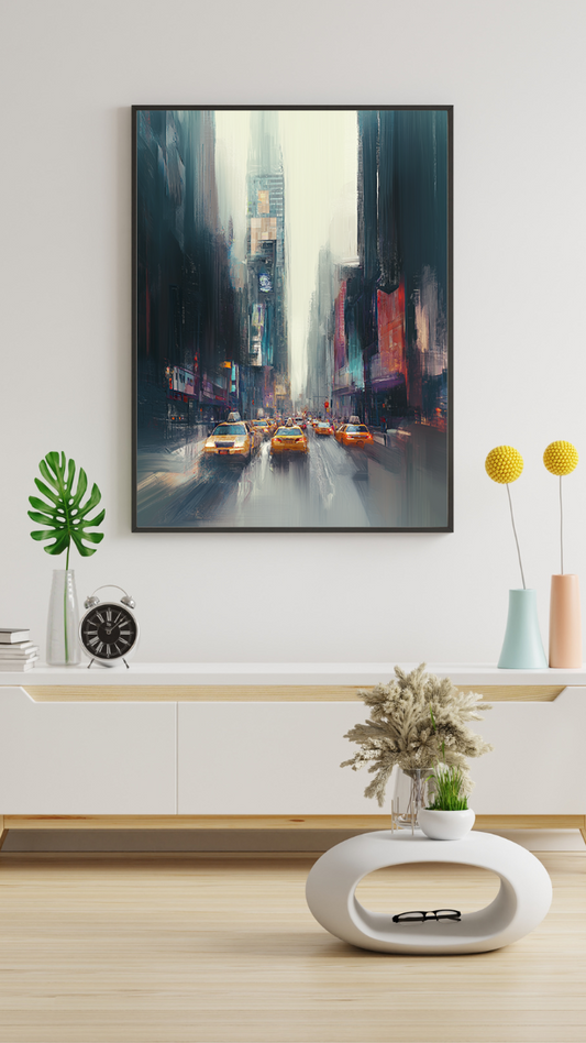 Rainy Cityscape with Yellow Taxis - Jeedar Art Gallery