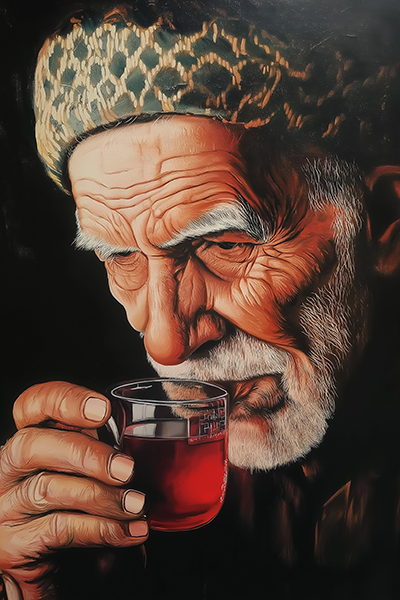 Elderly Man with Tea - Jeedar Art Gallery